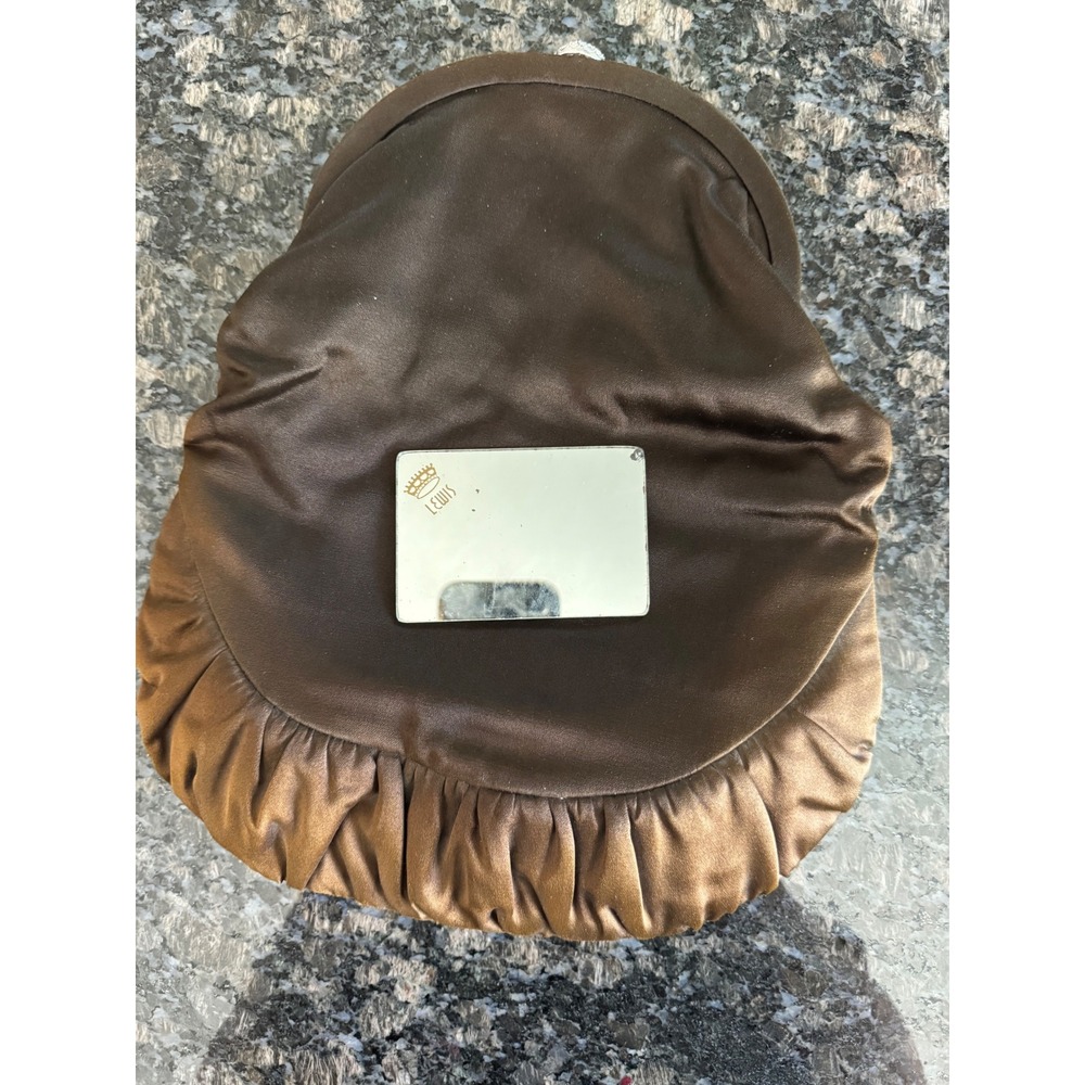 Lewis‎ Vintage Brown Satin Evening Clutch Bag Rhinestone Clasp Mirror  purse bag